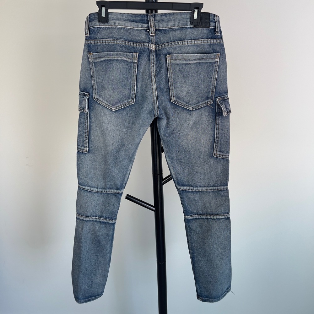 Trill Nation Mens 30x30 Moto Biker Cargo Jeans Distressed Blue Denim Ribbed Knee - Picture 9 of 13